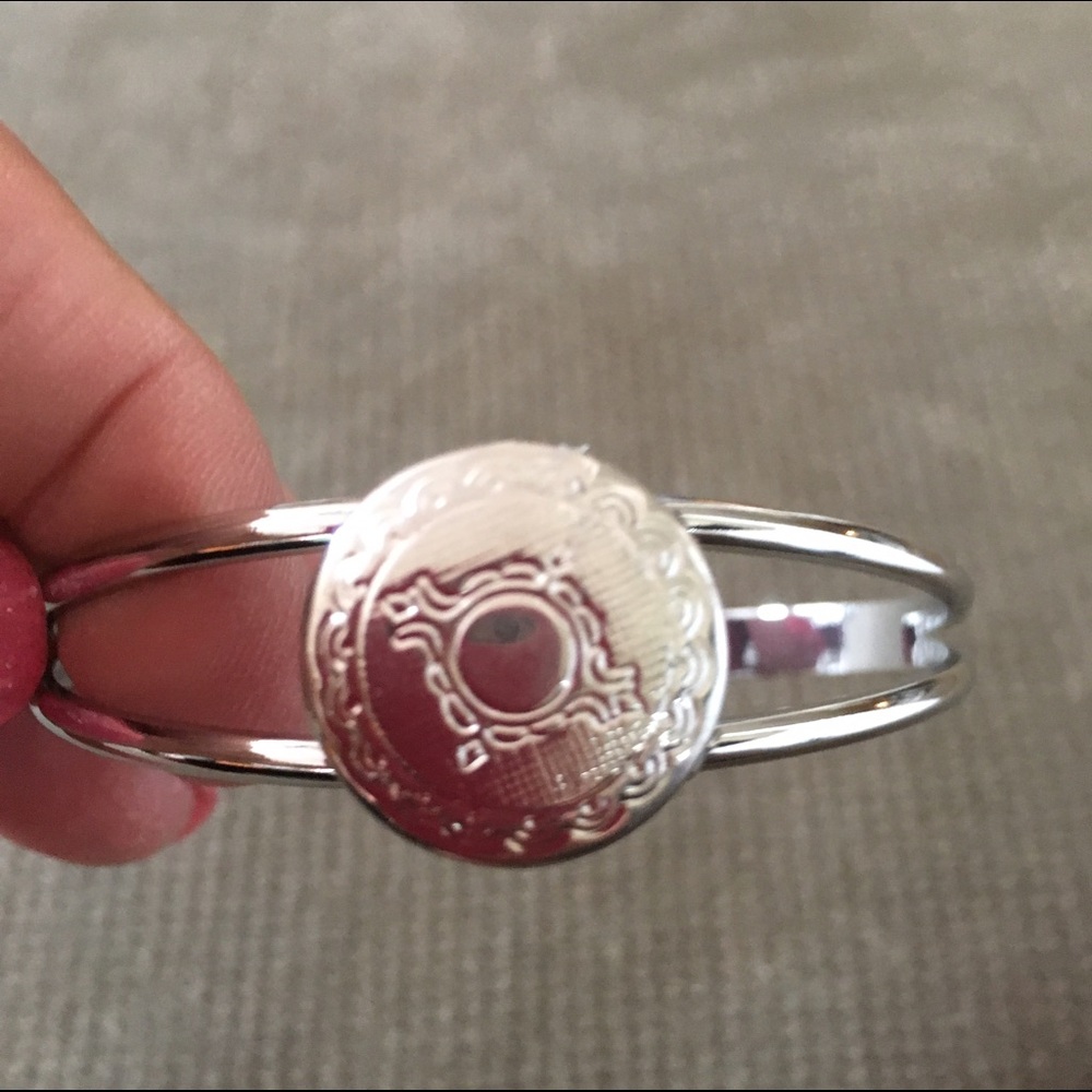 Silver Engraved Round Medallion Bangle Bracelet - Women